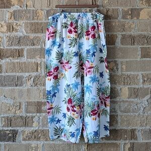 Hot Cotton Woman Linen Crop Wide Leg Pants White Allover Floral Size 3X